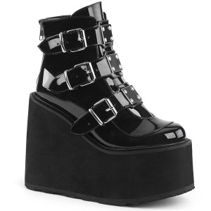 Black Patent Ankle Boots with Platform and Metal Plate Straps - Swing-105