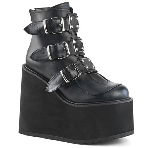 Black Vegan Ankle Boots with Platform and Metal Plate Straps - Swing-105