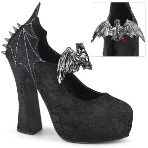 Large Metal Bat & Cone Spike Studded Black Satin & Lace Mary Jane Slip-On Pumps - Demon-18