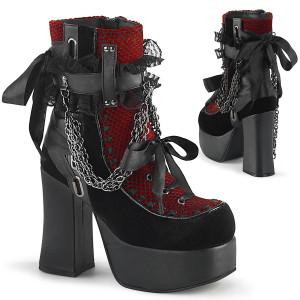 Black and Red Velvet  Platform Ankle Boot w/ Front & Back Satin Ribbon - Charade-110