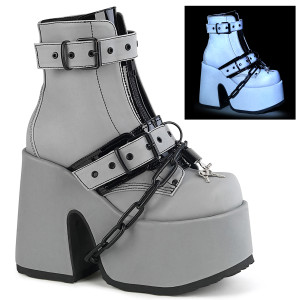 Grey Reflective Vegan Chain & Padlock Platform Ankle Boots - Camel-205