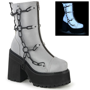 Metal Cage Chain Cleated Grey Reflective Platform Ankle Boots - ASSAULT-66