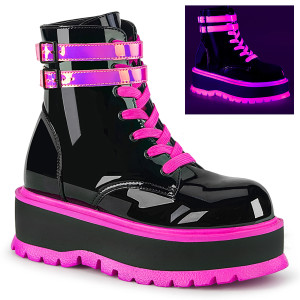 Black & Neon Pink Lace-Up Platform Ankle Boots - SLACKER-52