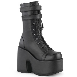 Black Vegan Goth Lace-Up Platform Mid-Calf Boots - Camel-250
