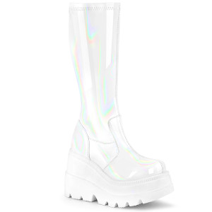 Holographic White Stretch Knee High Boots with Wedge Platform - SHAKER-65