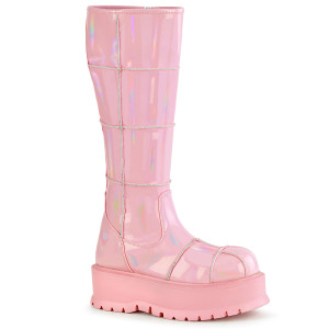 Holographic Pink Patent Knee High Platform Boots with Patch Details - SLACKER-230