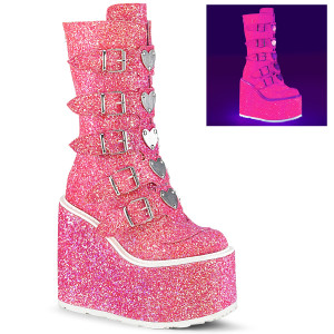 Pink Glitter Platform Boots with Heart Metal Plates - Swing-230