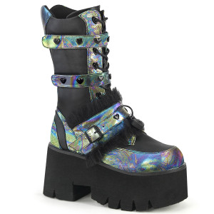 Black Le Green Oil Slick Mid-calf Boots with Cut-Out Platform and Heart Eyelet  - ASHES-120