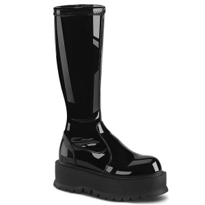Black Patent Stretch Knee High Platform Boots - SLACKER-200