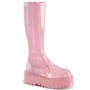 Holographic Pink Patent Stretch Knee High Platform Boots - SLACKER-200