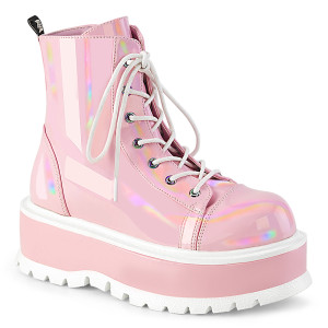 Holographic Pink Patent Platform Lace-Up Front Ankle Boots - SLACKER-55