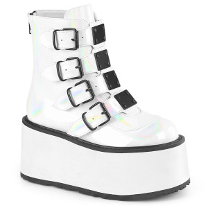 Holographic White Quadruple Buckle Metal Plated Platform Ankle Boots - DAMNED-105