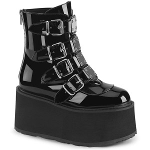 Black Patent Quadruple Buckle Metal Plated Platform Ankle Boots - DAMNED-105