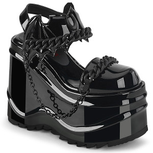 Black Patent Moon & Chain Ankle Strap Wedge Platform Sandals - WAVE-20