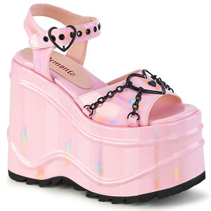 Holographic Pink Wedge Platform Sandals with Heart Buckle - WAVE-09