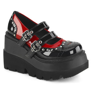 Black & Red Studded Double Buckle Strap Wedge Platform Shoes - SHAKER-27