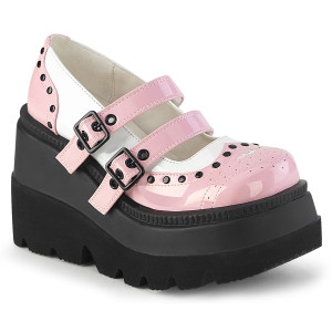 Black & Pink Studded Double Buckle Strap Wedge Platform Shoes - SHAKER-27
