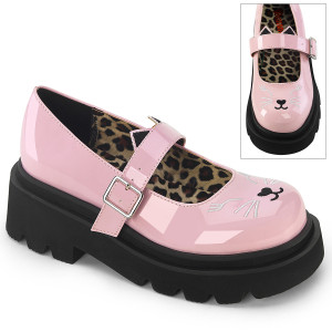 Pink Patent Embroidered Cat Face Platform Maryjane Shoes - RENEGADE-56