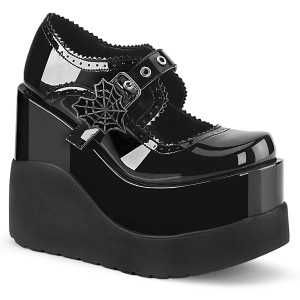 Black Patent Platform Maryjane Shoes with  Heart Shaped Spider Web Buckle - VOID-38
