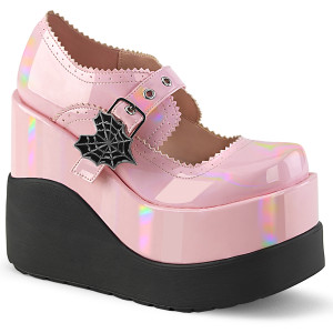 Holographic Pink Patent Platform Maryjane Shoes with  Heart Shaped Spider Web Buckle - VOID-38
