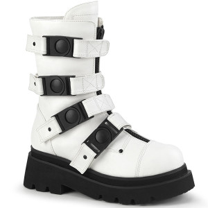 White Vegan Tiered Platform Calf High Boots with Buckle Straps - RENEGADE-55