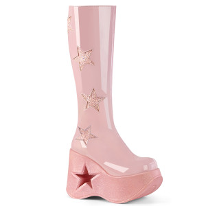 Pink Patent Platform Wedge Knee High Boots with Glitter Star Cutout - DYNAMITE-218