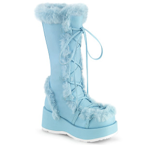 Baby Blue Faux Fur Trim Platform Lace-Up Mid-Calf Boots - CUBBY-311