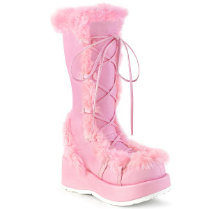 Pink Faux Fur Trim Platform Lace-Up Mid-Calf Boots - CUBBY-311
