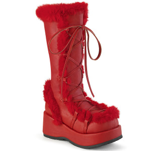 Red Faux Fur Trim Platform Lace-Up Mid-Calf Boots - CUBBY-311
