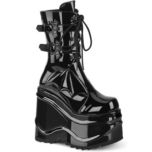 Black Patent Quilted Wedge Platform Boots with Bat Wing Buckles - WAVE-150
