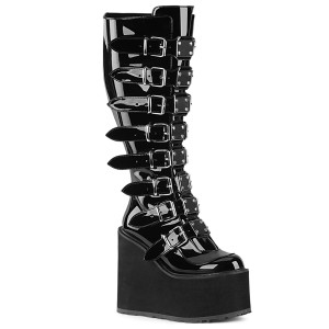 Black Patent Wide Calf Knee High 8 Buckle Straps Platform Boots - SWING-815WC