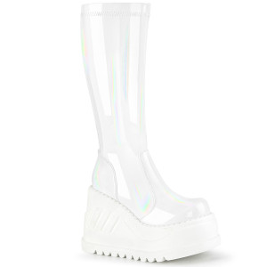Holographic White Patent Stretch Knee High Wedge Platform Boots - STOMP-200