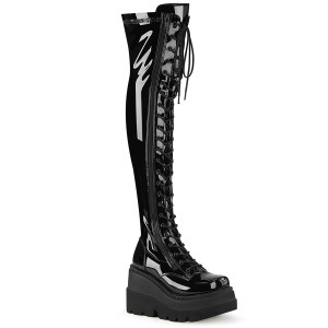 Black Patent Lace-Up Stretch Thigh-High Wedge Platform Boots - SHAKER-374