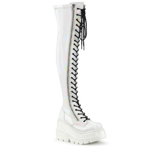 Holographic White Patent Lace-Up Stretch Thigh-High Wedge Platform Boots - SHAKER-374