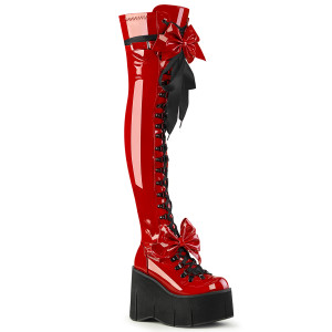 Red Patent Thigh High Wedge Platform Boots with Oversize Bow - KERA-303