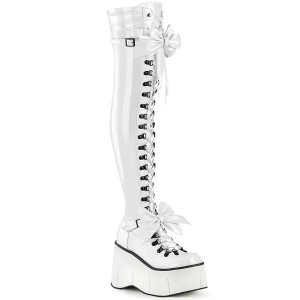 White Patent Thigh High Wedge Platform Boots with Oversize Bow - KERA-303