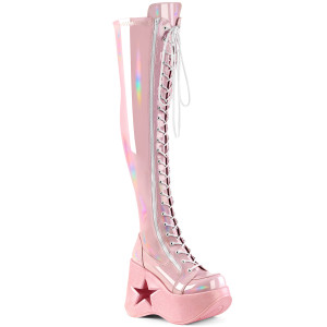 Holographic Pink Lace-Up Stretch Thigh-High Star Cutout Platform Wedge Boots - DYNAMITE-300