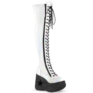 Holographic White Lace-Up Stretch Thigh-High Star Cutout Platform Wedge Boots - DYNAMITE-300