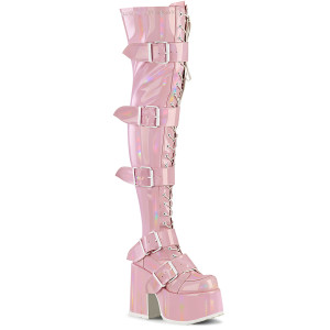 Holographic Pink Lace-Up Stretch Thigh-High Platform Boots W/ Buckle Straps - CAMEL-305