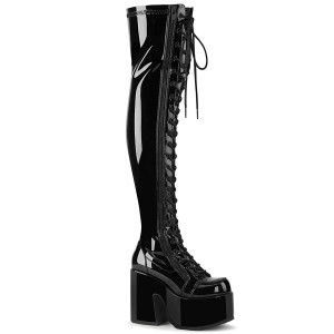 Black Patent Platform Lace-Up Stretch Thigh-High Boots - CAMEL-300