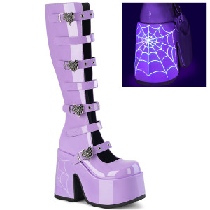 Lavender Patent Open Front Knee High Platform Boot w/ Spiderweb Buckles - CAMEL-223