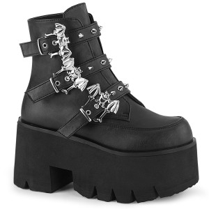 Black Vegan Studded Bat Buckle Platform Ankle Boots - ASHES-55