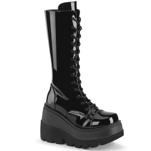 Black Patent Lace-Up Front Mid-Calf Wedge Platform Boot - SHAKER-72
