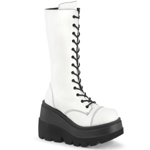 White Vegan Lace-Up Front Mid-Calf Wedge Platform Boot - SHAKER-72