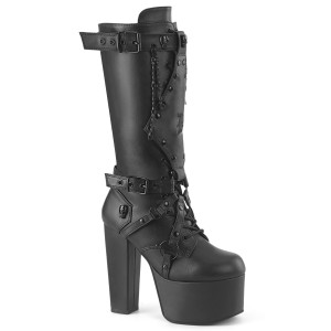 Black Vegan Front Shield Platform Lace-Up Front Knee High Boot - TORMENT-218