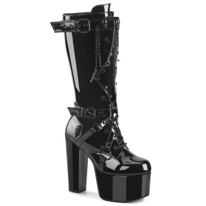 Black Patent Front Shield Platform Lace-Up Front Knee High Boot - TORMENT-218