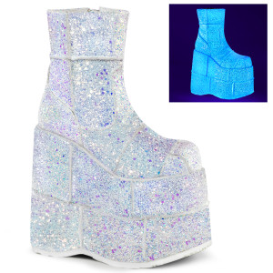 UV Reactive White Glitter Patchwork Platform Unisex Ankle Boots - Stack-201G