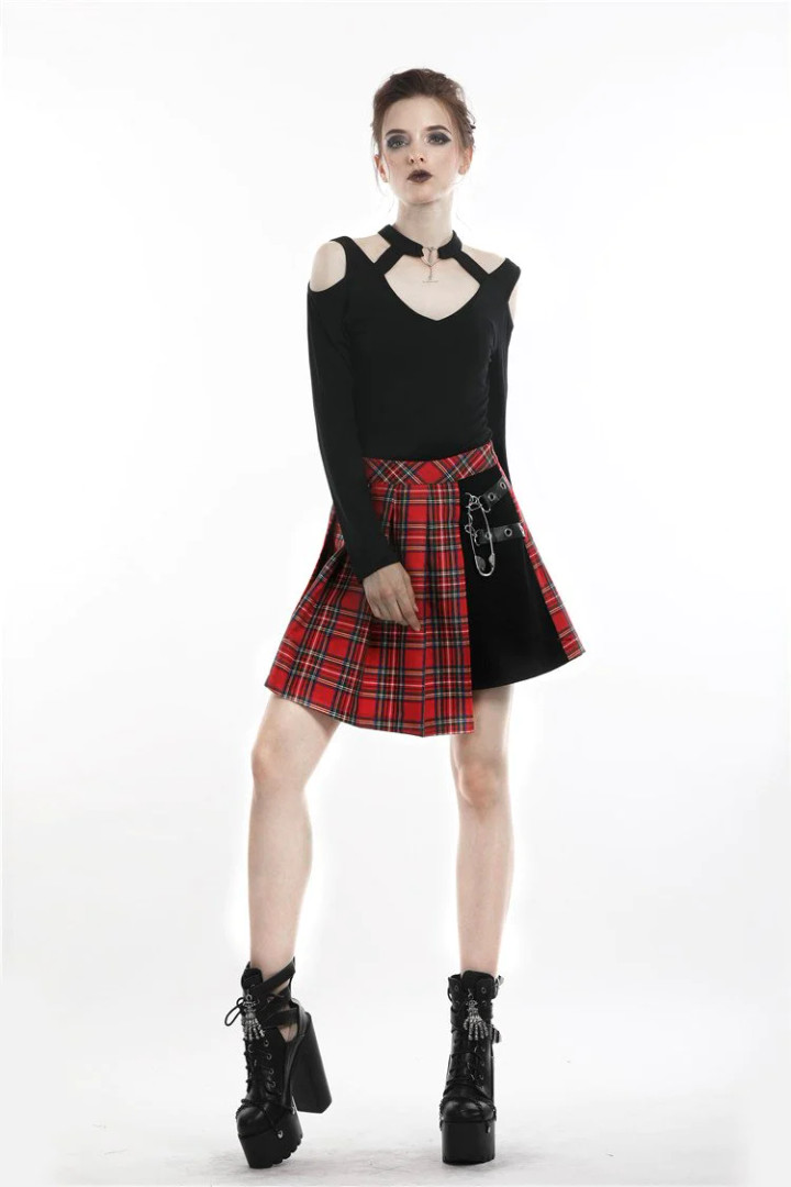 Punk Red Big Pin Pleated Plaid Skirt - Nuclear Waste
