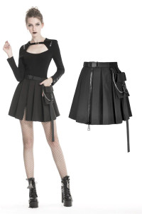 Black Casual Punk Pleated Short Skirt with Side Bag