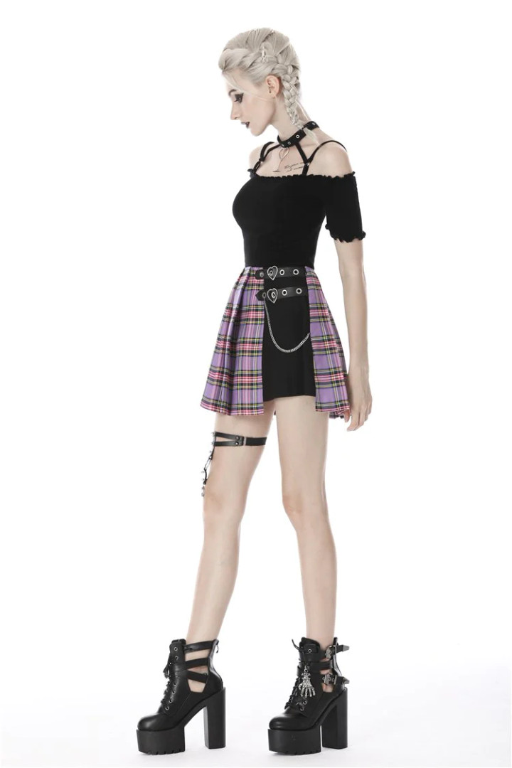 ON プルースト Punk Purple Checked Splicing Black Pleated Short Skirt